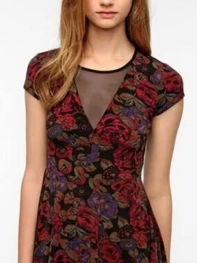 Kimchi Blue Burgundy Floral V-Neck Fit & Flare Mini Dress